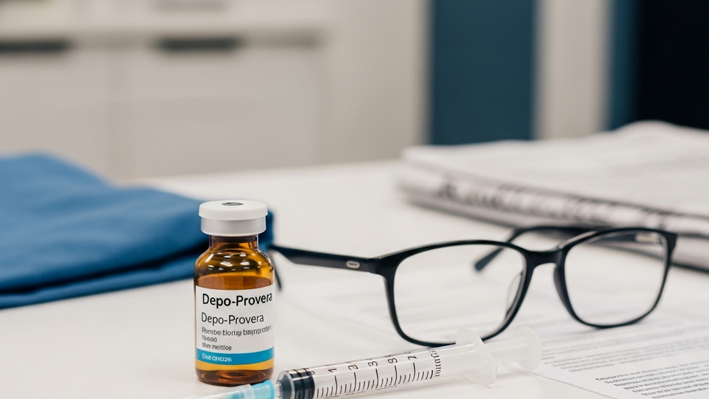A Depo-Provera birth control vial and a sterile medical syringe sitting on a white clinical counter next to a pair of glasses.