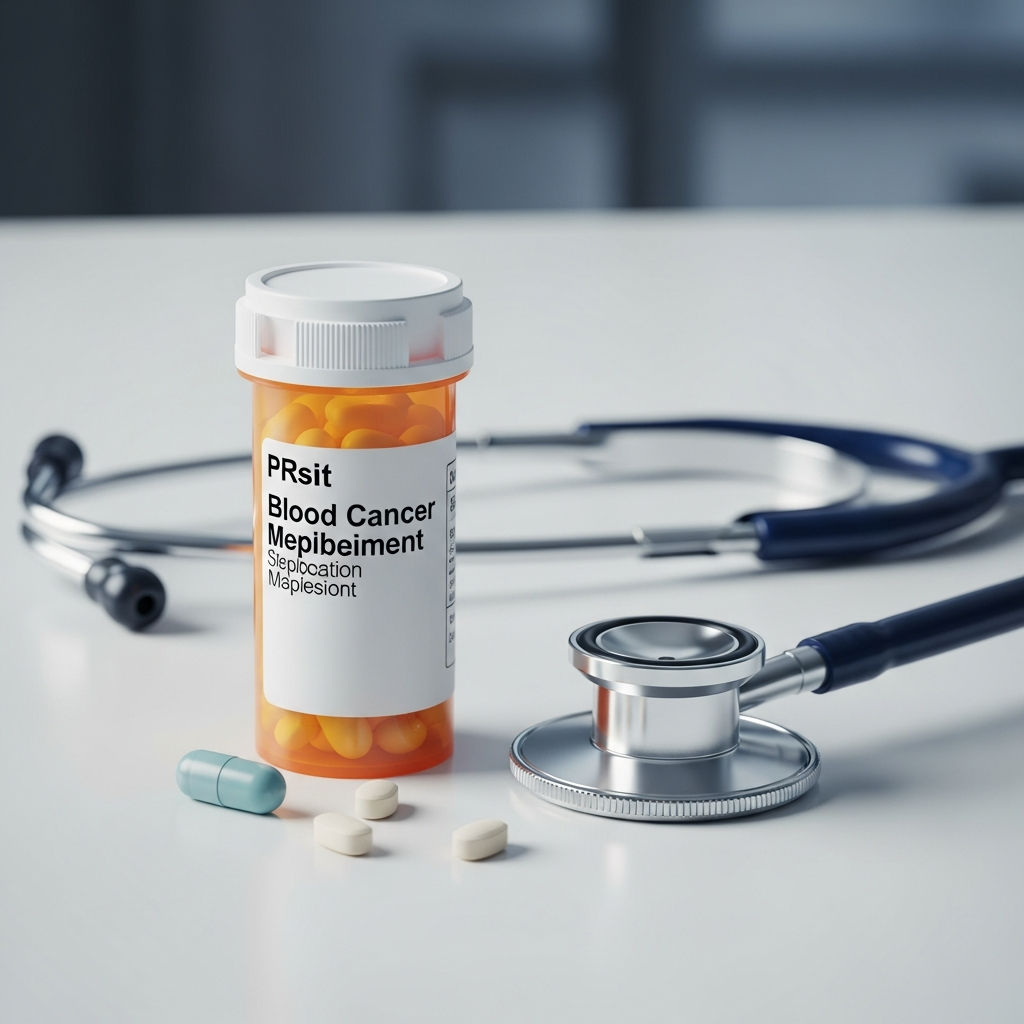 A prescription pill bottle for blood cancer medication sitting on a clean clinical surface next to a medical stethoscope.