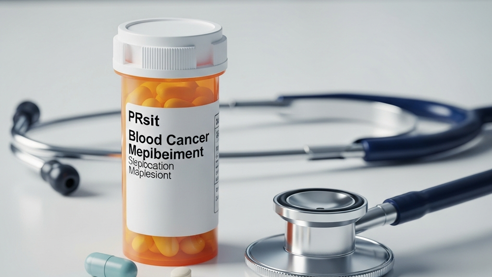 A prescription pill bottle for blood cancer medication sitting on a clean clinical surface next to a medical stethoscope.