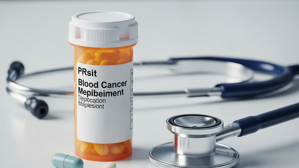 A prescription pill bottle for blood cancer medication sitting on a clean clinical surface next to a medical stethoscope.