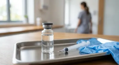A close-up view of a medical vial sitting on a stainless steel tray in a bright clinic. A syringe and a pair of blue nitrile gloves are placed nearby, suggesting a pharmaceutical treatment setting. The vial is clear glass with a sterile stopper, resembling an immunotherapy medication bottle.