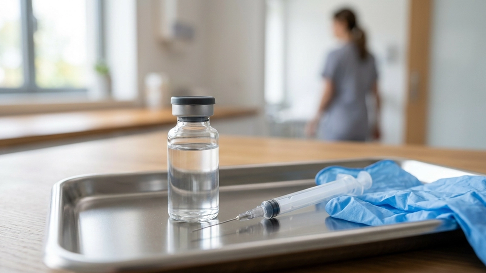 A close-up view of a medical vial sitting on a stainless steel tray in a bright clinic. A syringe and a pair of blue nitrile gloves are placed nearby, suggesting a pharmaceutical treatment setting. The vial is clear glass with a sterile stopper, resembling an immunotherapy medication bottle.