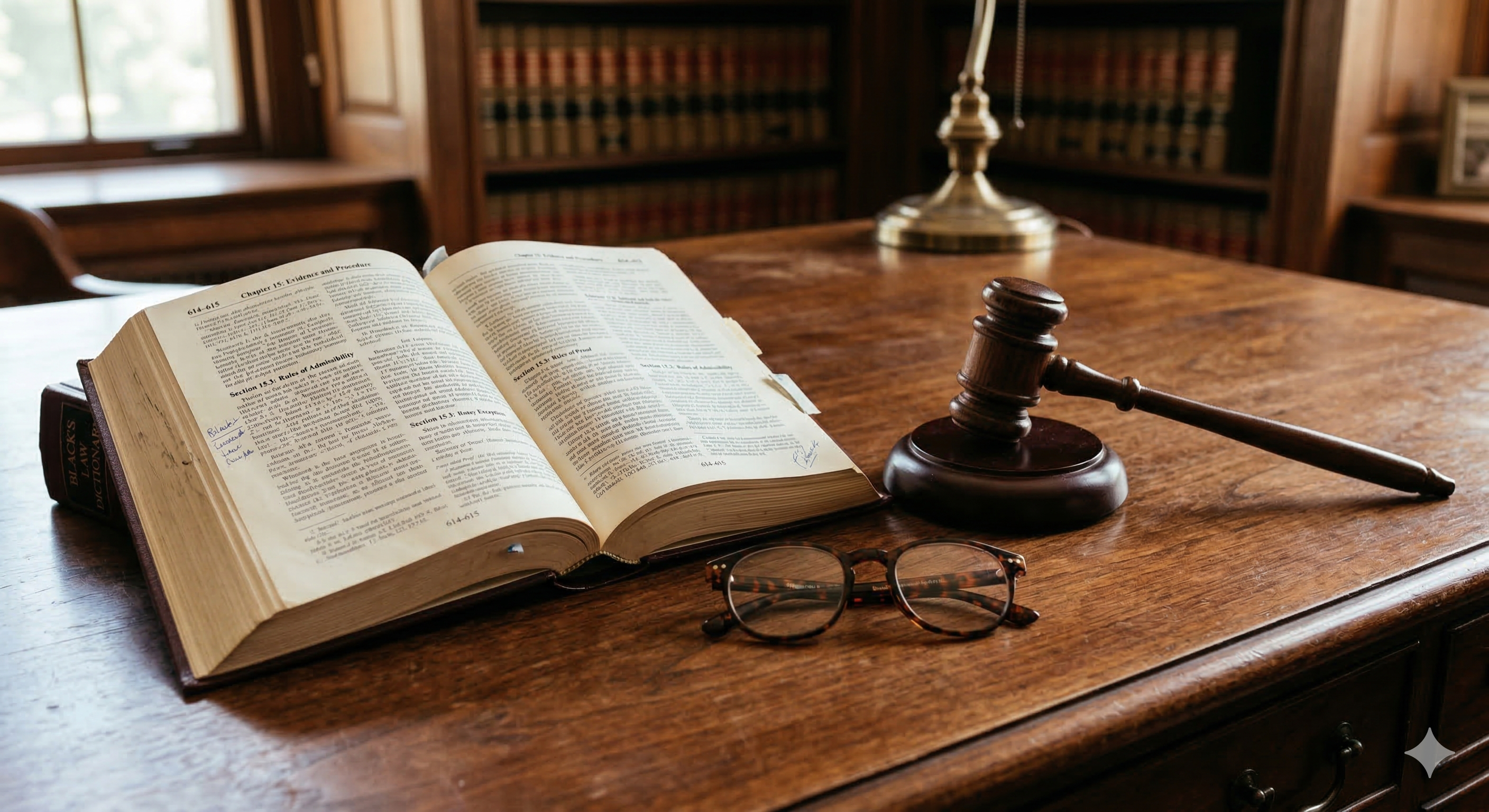 A gavel resting on a wooden desk next to a pair of eyeglasses and an open law book.