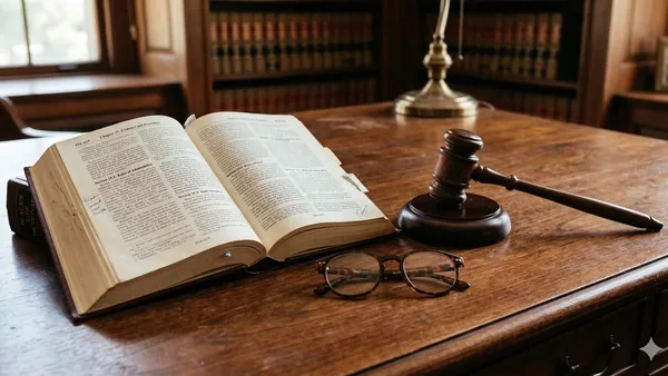A gavel resting on a wooden desk next to a pair of eyeglasses and an open law book.