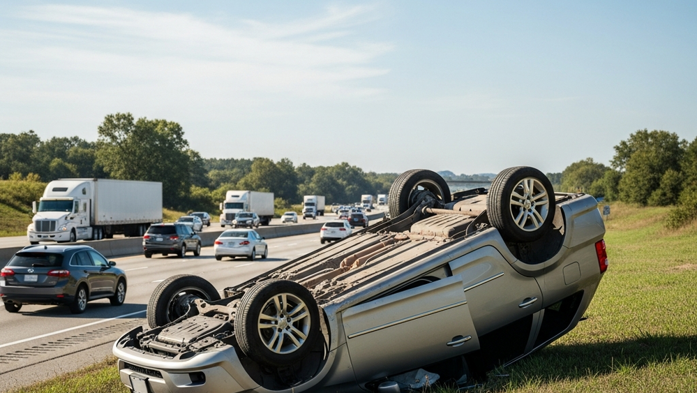 An overturned SUV resting on its roof on the side of a busy multi-lane highway under a clear blue sky