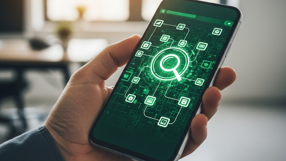 A smartphone displaying a green and black digital interface with a magnifying glass hovering over a glowing grid of data nodes, held by a person in a modern office setting.