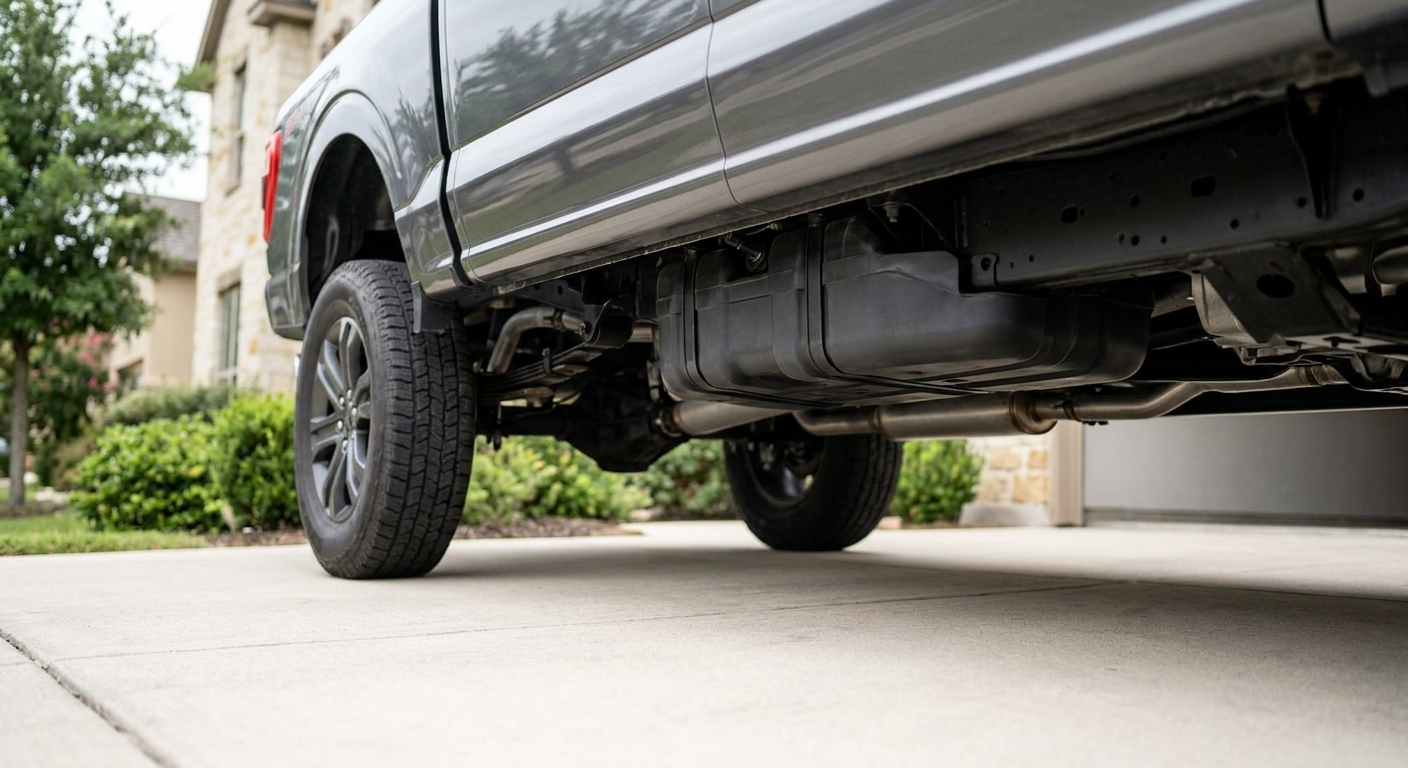 A modern pickup truck parked on a suburban driveway with a focus on the undercarriage near the rear fuel tank, shown without logos, signs, or text.