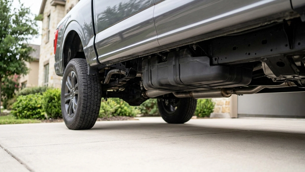 A modern pickup truck parked on a suburban driveway with a focus on the undercarriage near the rear fuel tank, shown without logos, signs, or text.