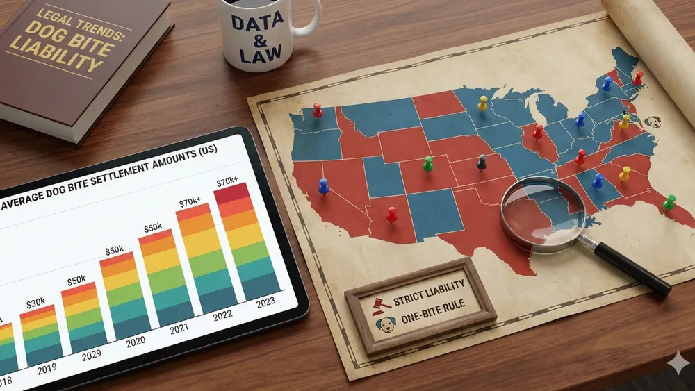 Graph showing average dog bite settlement amounts and map of strict liability versus one-bite rule states