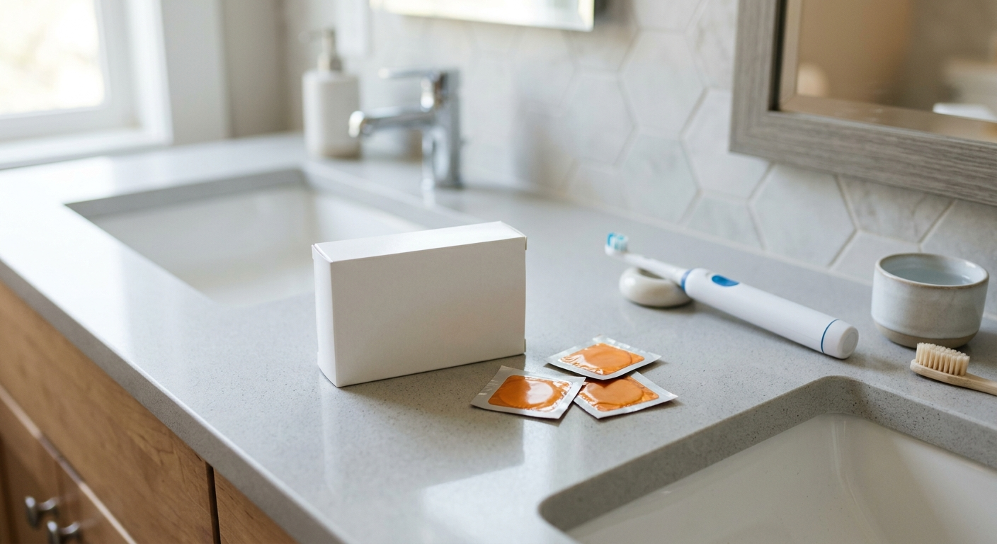 A close-up, high-angle shot of a medication box and several orange dissolvable film packets resting on a clean bathroom counter next to a toothbrush.