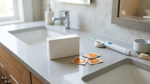 A close-up, high-angle shot of a medication box and several orange dissolvable film packets resting on a clean bathroom counter next to a toothbrush.