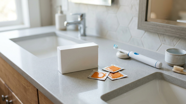 A close-up, high-angle shot of a medication box and several orange dissolvable film packets resting on a clean bathroom counter next to a toothbrush.