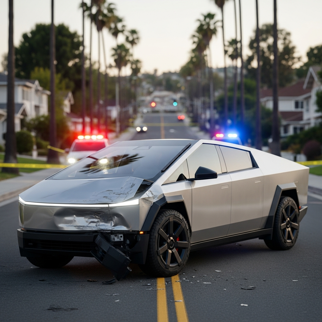 A silver Tesla Cybertruck with significant front-end damage sitting on a suburban street in California, with police tape and emergency vehicle lights blurred in the background.