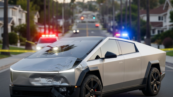 A silver Tesla Cybertruck with significant front-end damage sitting on a suburban street in California, with police tape and emergency vehicle lights blurred in the background.