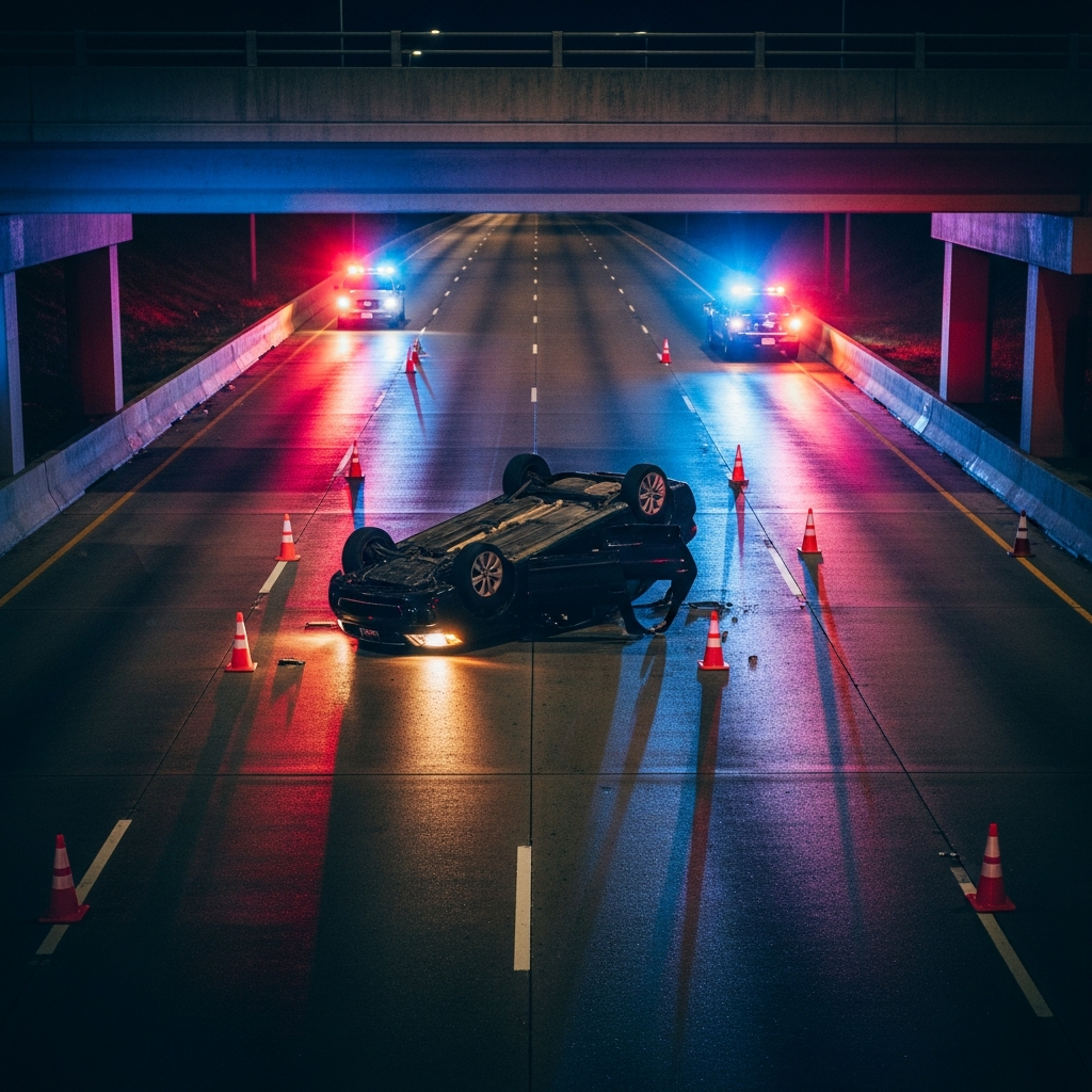 A dark sedan resting on its roof in the middle of a multi-lane concrete freeway under a bridge, surrounded by orange traffic cones and emergency vehicle lights reflecting on the pavement at night.