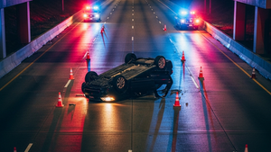 A dark sedan resting on its roof in the middle of a multi-lane concrete freeway under a bridge, surrounded by orange traffic cones and emergency vehicle lights reflecting on the pavement at night.