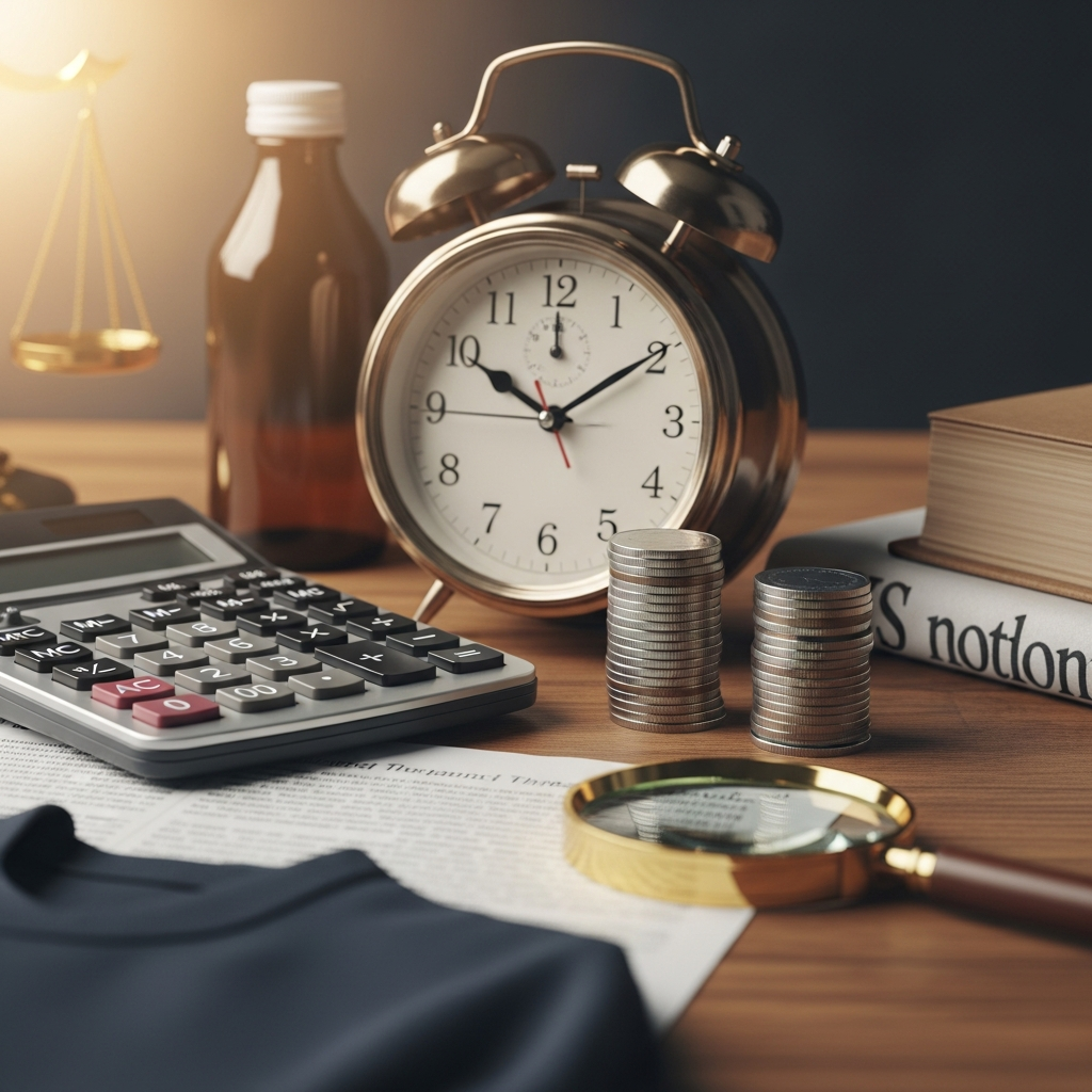 A close-up of a calculator and a vintage clock sitting on a wooden desk next to a stack of coins and a magnifying glass.