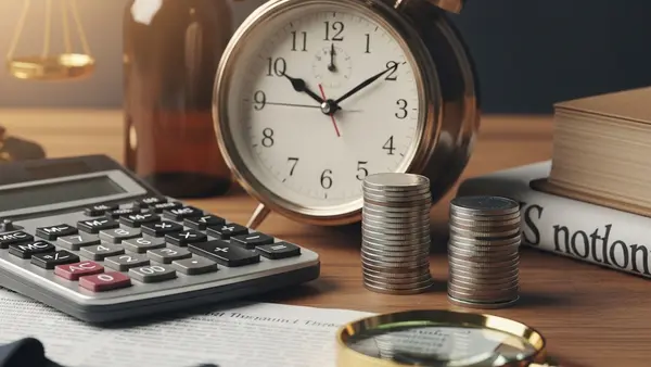 A close-up of a calculator and a vintage clock sitting on a wooden desk next to a stack of coins and a magnifying glass.