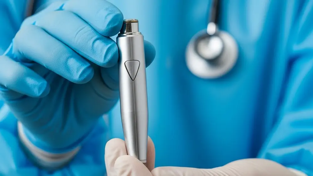 A close-up of a medical professional's gloved hands holding a small, metallic neurostimulation device against a sterile blue background.