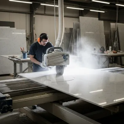A stone fabricator in a workshop cutting a large slab of engineered quartz stone, with a visible mist of water and dust surrounding the cutting area.
