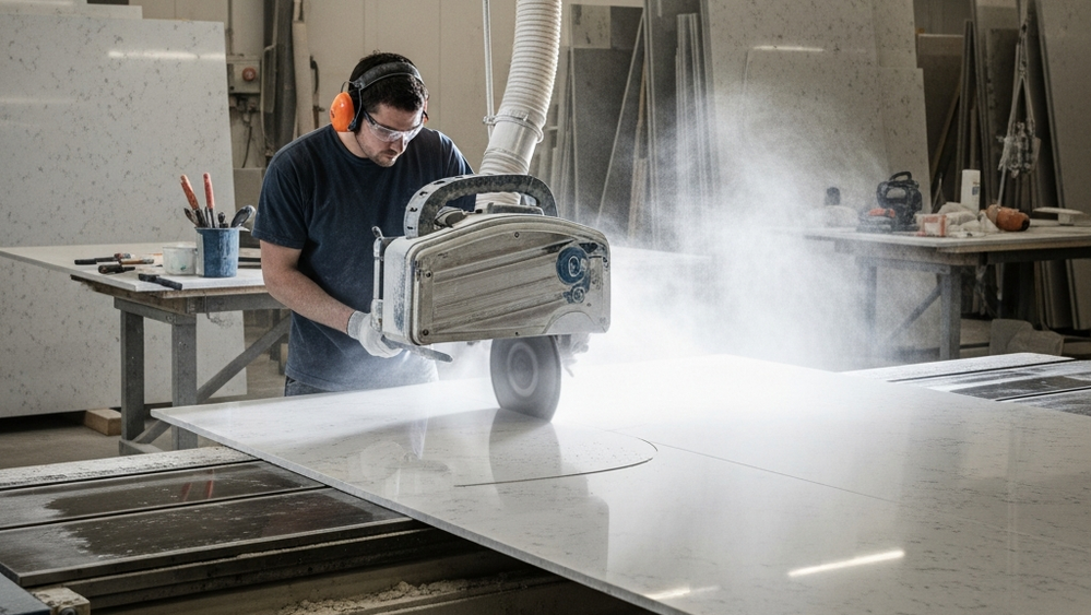 A stone fabricator in a workshop cutting a large slab of engineered quartz stone, with a visible mist of water and dust surrounding the cutting area.