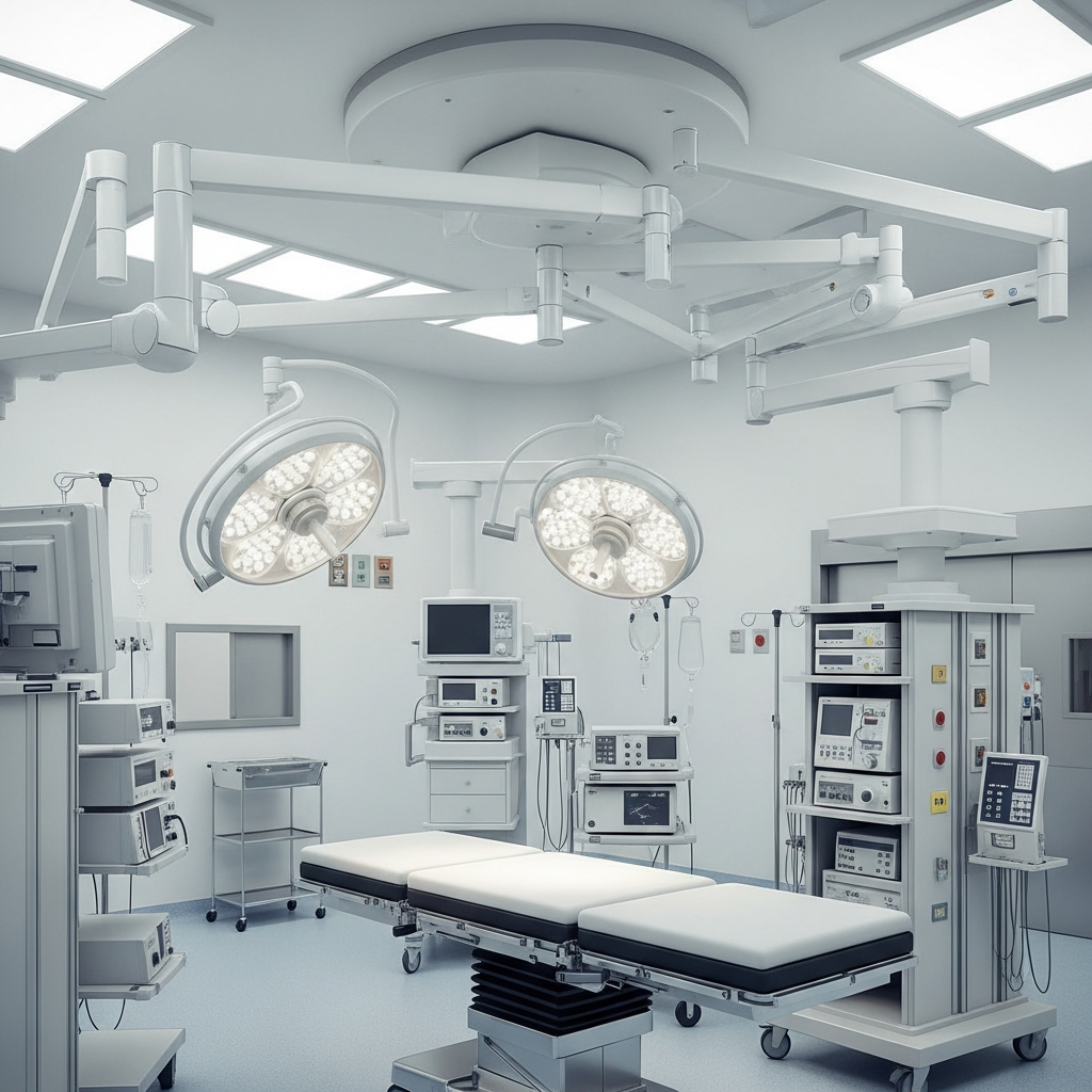 A surgical operating room setting with a large ceiling-mounted medical equipment boom suspended over a medical bed.
