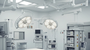 A surgical operating room setting with a large ceiling-mounted medical equipment boom suspended over a medical bed.