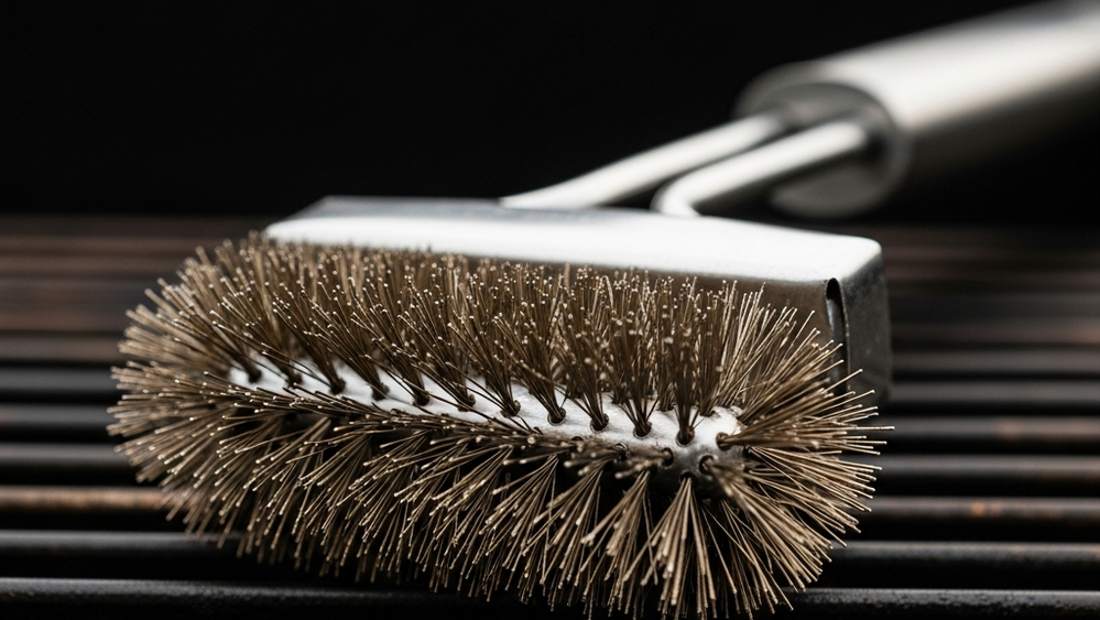 A close-up view of a metal grill brush with wire bristles resting on a barbecue grate.