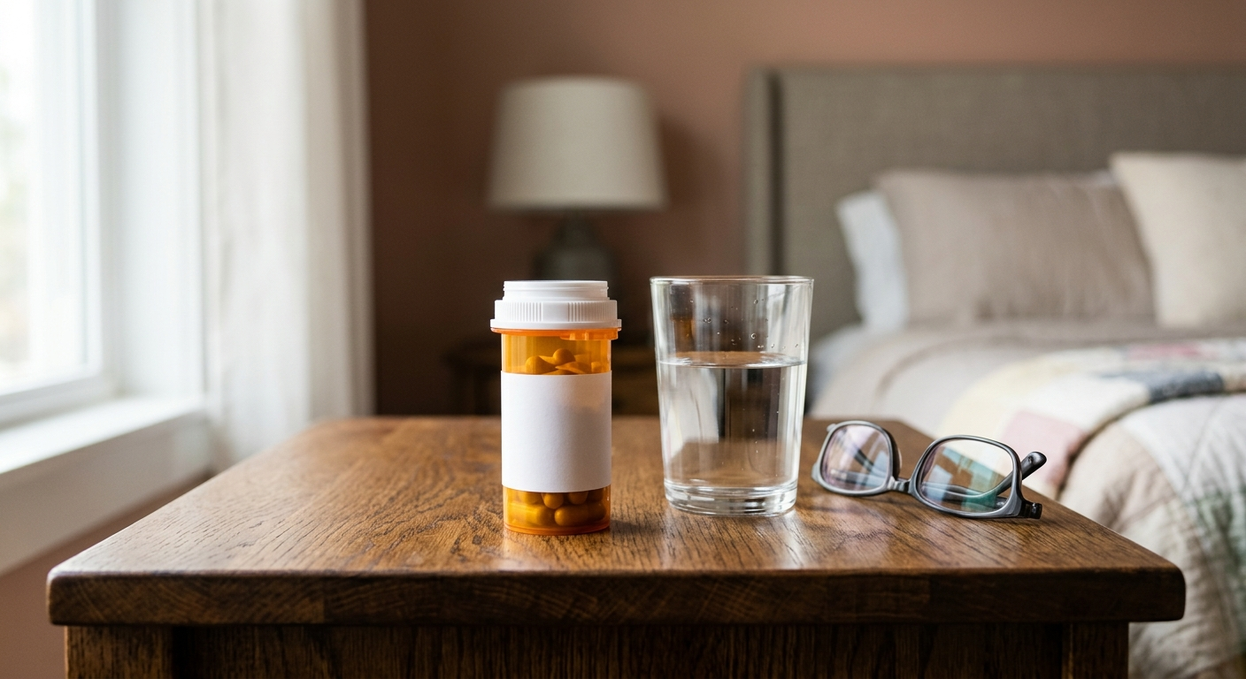 An amber prescription bottle labeled Gabapentin sitting on a wooden nightstand next to a glass of water and a pair of reading glasses.