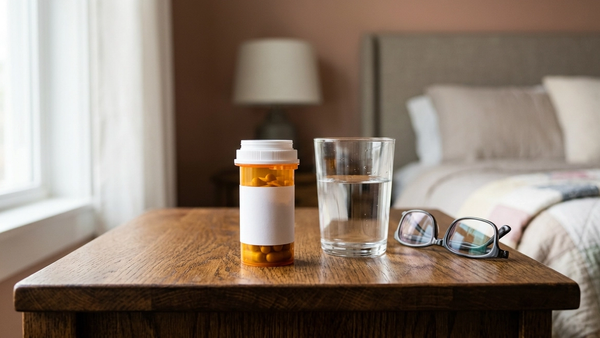 An amber prescription bottle labeled Gabapentin sitting on a wooden nightstand next to a glass of water and a pair of reading glasses.