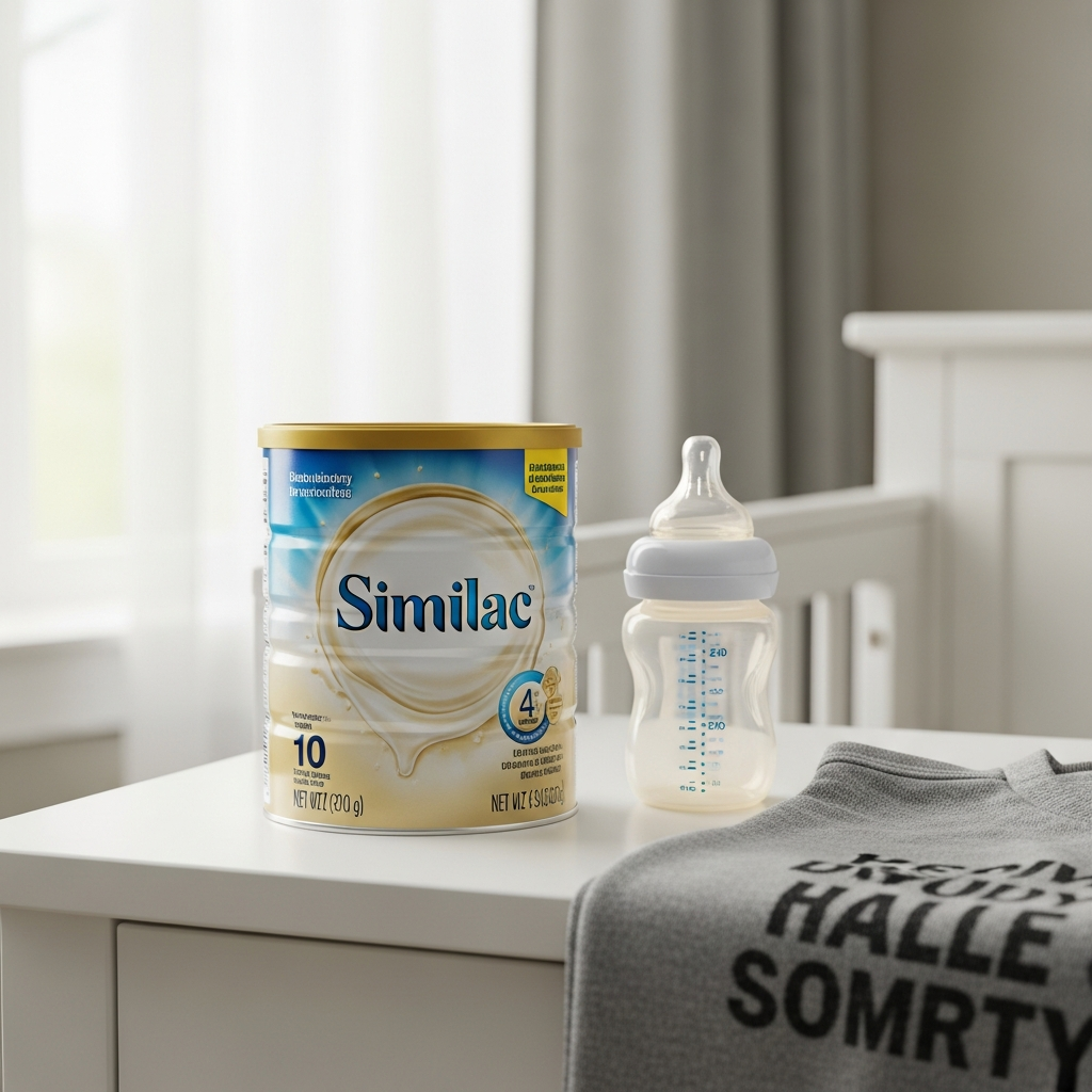 A close-up of a Similac infant formula container sitting on a nursery table next to a baby bottle, with soft lighting.