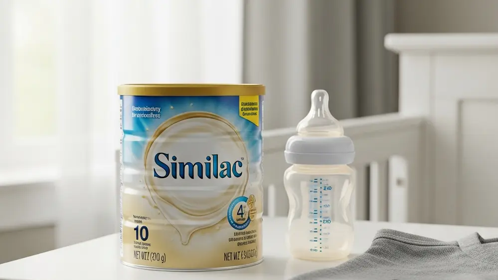 A close-up of a Similac infant formula container sitting on a nursery table next to a baby bottle, with soft lighting.