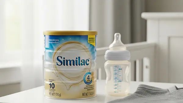 A close-up of a Similac infant formula container sitting on a nursery table next to a baby bottle, with soft lighting.