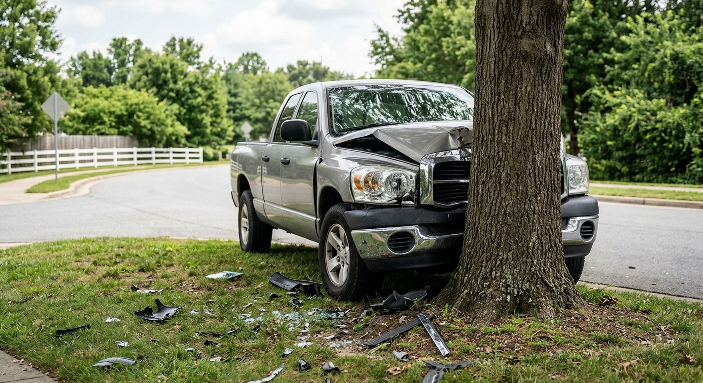 A silver pickup truck with front-end damage resting against a large oak tree on a suburban roadside during the day, with debris scattered on the grass.