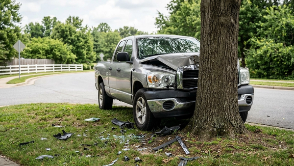 A silver pickup truck with front-end damage resting against a large oak tree on a suburban roadside during the day, with debris scattered on the grass.