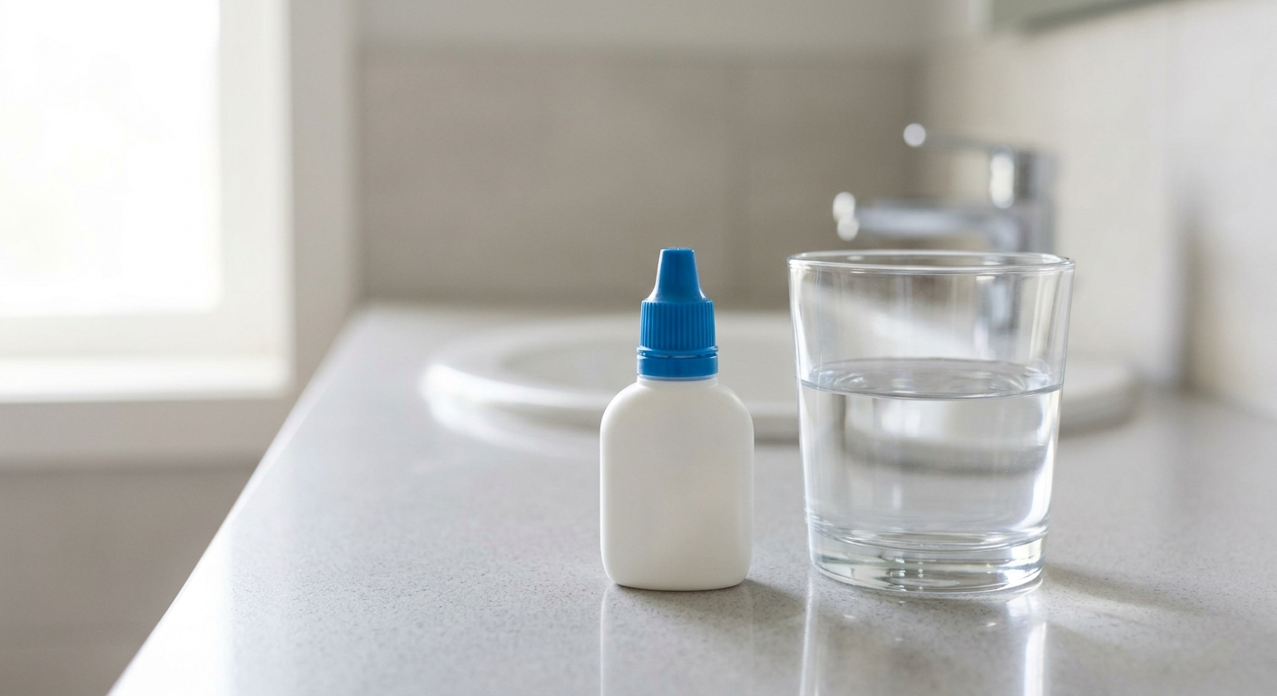 A white plastic eye drop bottle with a blue cap sitting on a bathroom counter next to a clear glass of water, with soft lighting highlighting the product shape.
