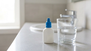 A white plastic eye drop bottle with a blue cap sitting on a bathroom counter next to a clear glass of water, with soft lighting highlighting the product shape.
