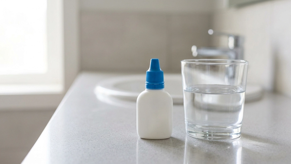 A white plastic eye drop bottle with a blue cap sitting on a bathroom counter next to a clear glass of water, with soft lighting highlighting the product shape.
