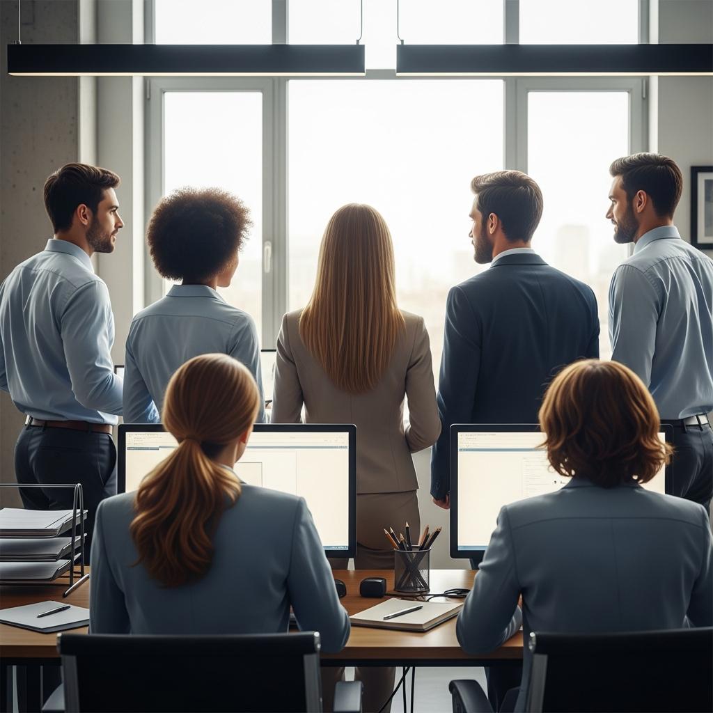A group of diverse professional workers in an office setting looking toward a bright window, symbolizing workplace transitions.