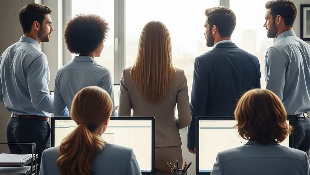 A group of diverse professional workers in an office setting looking toward a bright window, symbolizing workplace transitions.
