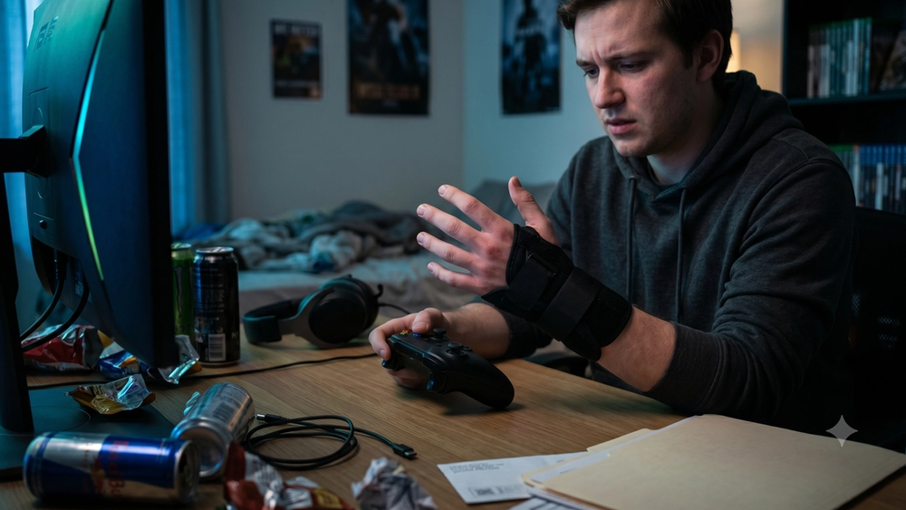 A close-up photograph of a young gamer's hand wearing a black ergonomic wrist brace while holding a video game controller in a dark, screen-lit room, illustrating the physical injury resulting from excessive gaming mentioned in the lawsuit.
