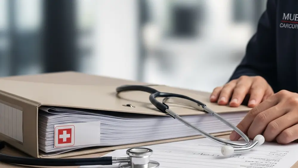 A detailed medical folder and a car accident report sitting on a desk next to a stethoscope, symbolizing the intersection of healthcare and legal documentation after a vehicle crash.