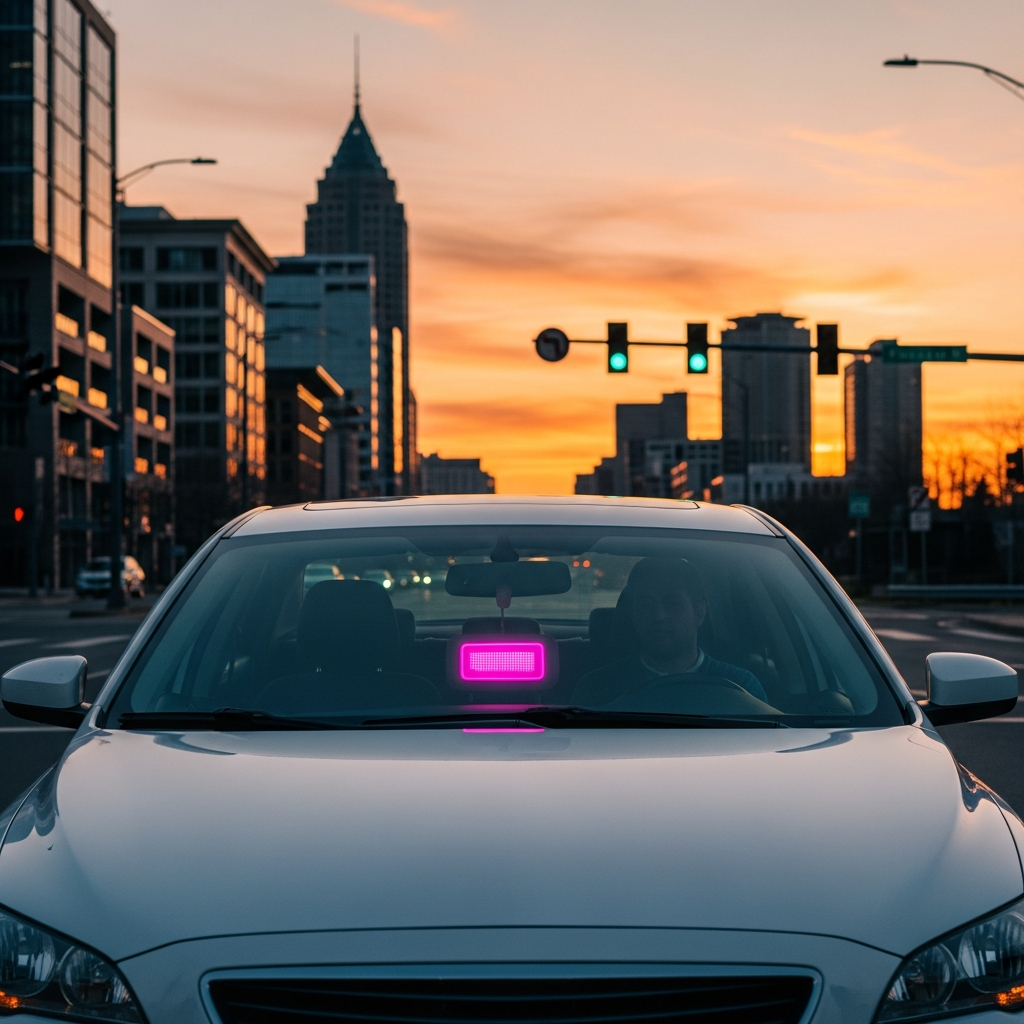 A modern white sedan with a pink glowing rideshare light on the dashboard, stopped at a city intersection during a sunset with buildings in the background.