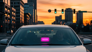 A modern white sedan with a pink glowing rideshare light on the dashboard, stopped at a city intersection during a sunset with buildings in the background.