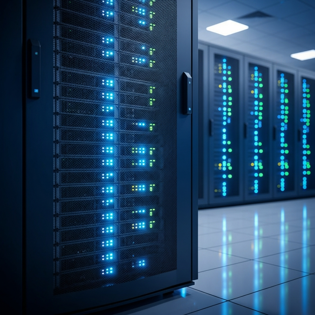 A large server rack glowing with blue lights in a modern data center, symbolizing the storage of personal user information.
