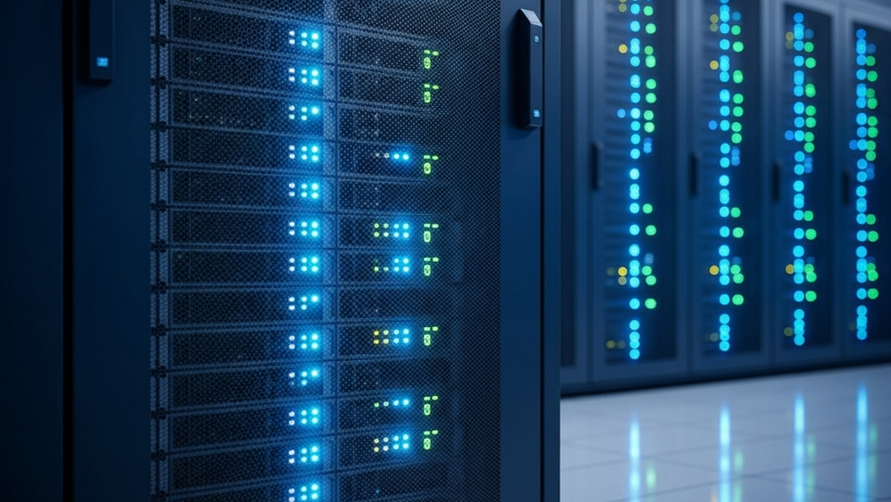 A large server rack glowing with blue lights in a modern data center, symbolizing the storage of personal user information.