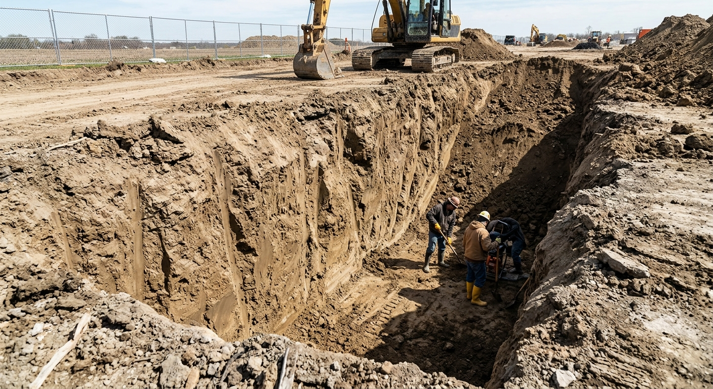 An excavation site with deep dirt walls and no visible safety shoring or protection systems in place.