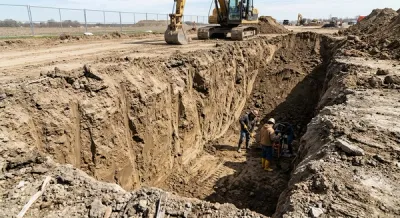 An excavation site with deep dirt walls and no visible safety shoring or protection systems in place.