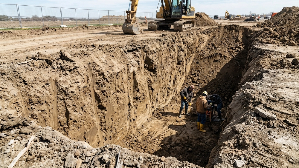 An excavation site with deep dirt walls and no visible safety shoring or protection systems in place.