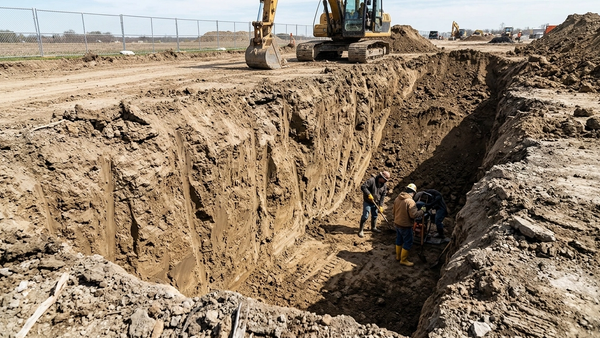 An excavation site with deep dirt walls and no visible safety shoring or protection systems in place.